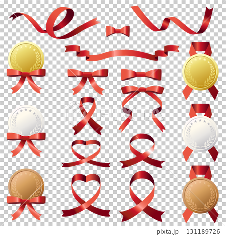 Vector illustration set of medals and red ribbons. Vector illustration set of medals and red ribbons. 131189726