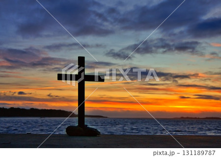Wooden Christian Cross After Sunset 131189787