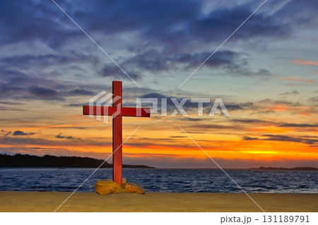Wooden Christian Cross Sunset 131189791