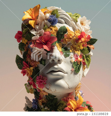Realistic human face creatively transformed with vibrant flowers and foliage in a soft, colorful background 131189819