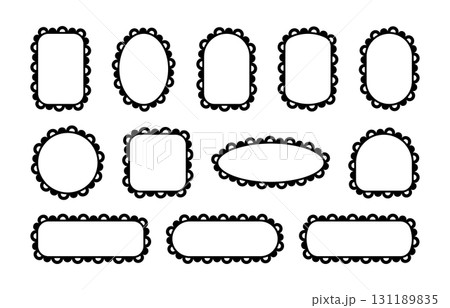 Frame with lace scallop edge. Borders with pattern in circle, square and rectangle shape. Set of black vector illustrations isolated on white background. 131189835