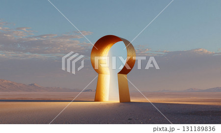 Golden keyhole stands prominently in the middle of a tranquil desert landscape at sunset 131189836
