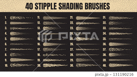 Ink scatter brush, stipple drawing and texturing. Fading gradient. Stippling, dotwork drawing, shading using dots. Halftone disintegration effect. White noise grainy texture. Vector illustration 131190216