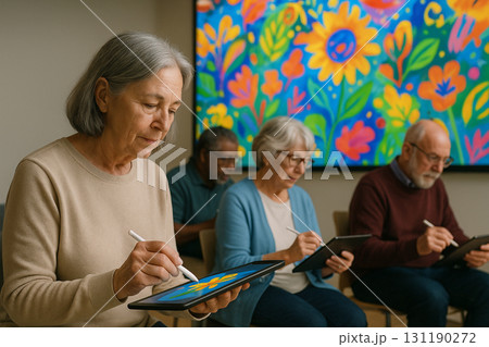 AI generated seniors creating digital art together in a community center with tablets projecting a colorful mural teamwork creativity connection and joy AI generated seniors creating digital art together in a community center with tablets projecting a colorful mural teamwork creativity connection and joy 131190272