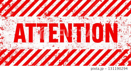 Warning sign with red and white diagonal lines. Attention, danger or caution symbol. Construction site signage, road safety notice, hazard banner, security alert shield. Vector illustration 131190294