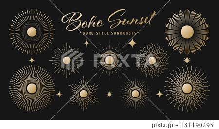 Vintage golden sunburst, sunset beams collection. Boho style, modern minimalist bohemian design. Hand drawn bursting sun, light rays. Logotype or lettering retro design element. Vector illustration 131190295