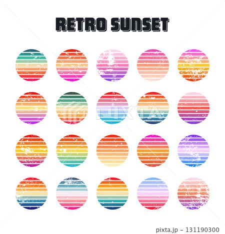 Grunge vintage colorful sunset. Striped gradient sunrise badges in 80s and 90s style. Sun and ocean view, summer vibes, surfing. Design element for print, logo or t-shirt. Vector illustration 131190300