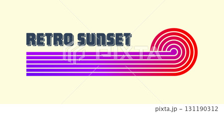Vintage colorful sunset. Various gradient striped sunrise badges in 80s and 90s style. Sun and ocean view, summer vibes, surfing. Design element for print, logo or t-shirt. Vector illustration 131190312