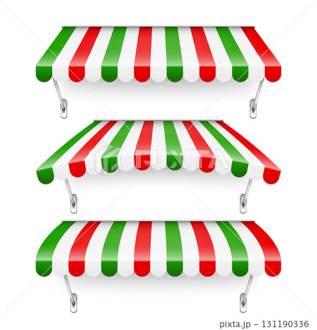 Shop sunshade with metal holder. Realistic striped cafe awning. Outdoor market tent. Roof canopy in Italian flag colors. Summer street store. Vector illustration Shop sunshade with metal holder. Realistic striped cafe awning. Outdoor market tent. Roof canopy in Italian flag colors. Summer street store. Vector illustration 131190336