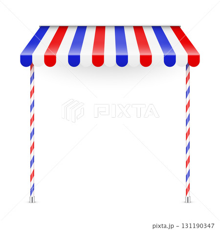 Shop sunshade. Realistic striped cafe awning. Outdoor market tent. Roof canopy. Summer street store. Vector illustration. Shop sunshade. Realistic striped cafe awning. Outdoor market tent. Roof canopy. Summer street store. Vector illustration. 131190347