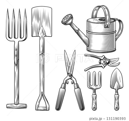 Vintage Woodcut Gardening Tools Set Illustration Vintage Woodcut Gardening Tools Set Illustration 131190393