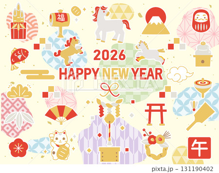 2026年の午年の年賀状の素材などに使えるイラストのセット 白フチ付きバージョン 2026年の午年の年賀状の素材などに使えるイラストのセット 白フチ付きバージョン 131190402