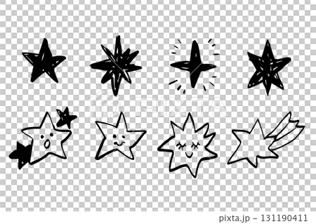 手描き風の星アイコンイラストセット、かわいい表情や流れ星を含むシンプルでスケッチ風のモノクロデザイン 131190411