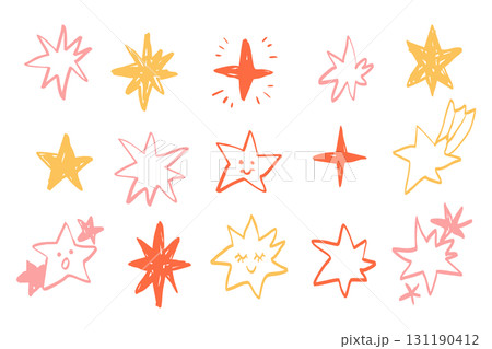 手描き風の星アイコンイラストセット、かわいい表情や流れ星を含むシンプルでスケッチ風のデザイン素材 131190412