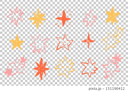 手描き風の星アイコンイラストセット、かわいい表情や流れ星を含むシンプルでスケッチ風のデザイン素材 131190412
