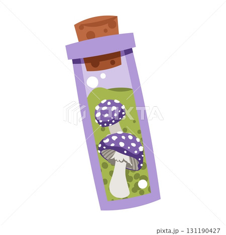 Magic Fly Agaric Potion in Glass Bottle Flat Vector Illustration Isolated on White Background. Witchcraft Mushroom Spell Ingredient for Halloween Decor, Stickers, Logo, Mystical Branding and Fantasy 131190427