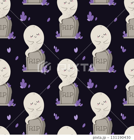 Cute Ghost Sitting on Tombstone Seamless Pattern. Halloween Spooky Background for Textile, Party Decor, Scrapbooking, Gift Wrap and Festive Design. Cute Ghost Sitting on Tombstone Seamless Pattern. Halloween Spooky Background for Textile, Party Decor, Scrapbooking, Gift Wrap and Festive Design. 131190430