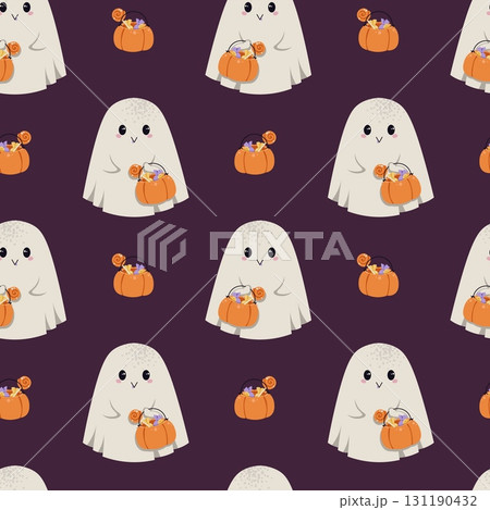 Cute Ghost with Candy Bag and Pumpkin Seamless Pattern. Halloween Repeat Background for Textile, Gift Wrap, Party Decor, Scrapbooking and Festive Design 131190432