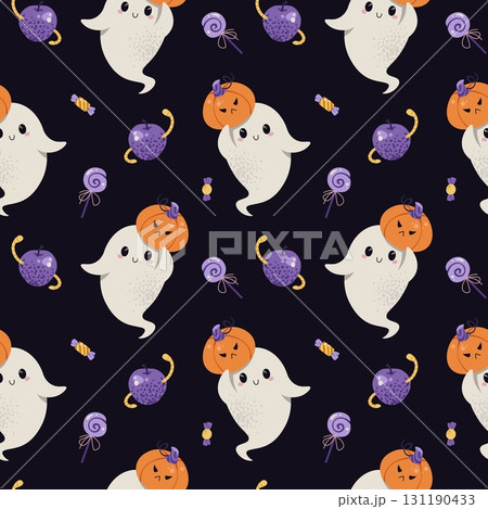 Cute Ghost with Pumpkin and Wormy Apple Seamless Pattern. Halloween Repeat Background for Textile, Gift Wrap, Scrapbooking, Party Decor and Festive Design. 131190433