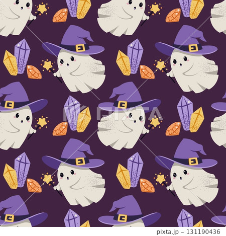 Cute Ghost in Witch Hat with Magic Wand and Crystals Seamless Pattern. Halloween Mystical Background for Textile, Party Decor, Scrapbooking, Gift Wrap and Fantasy Design 131190436