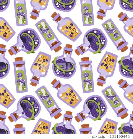 Magical Potion Bottles Seamless Pattern with Elixirs, Spell Jars and Mystic Ingredients. Occult Halloween Background for Gift Wrap, Textile, Wallpaper Design and Magic Branding Magical Potion Bottles Seamless Pattern with Elixirs, Spell Jars and Mystic Ingredients. Occult Halloween Background for Gift Wrap, Textile, Wallpaper Design and Magic Branding 131190440