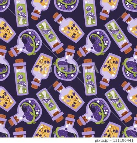 Magical Potion Bottles Seamless Pattern with Elixirs, Spell Jars and Mystic Ingredients. Occult Halloween Background for Gift Wrap, Textile, Wallpaper Design and Magic Branding 131190441