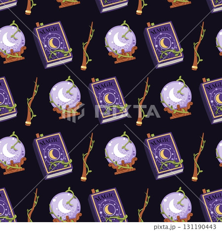 Mystic Witchcraft Seamless Pattern with Crystal Ball, Spellbook and Magic Wand. Enchanted Background for Occult Gift Wrap, Halloween Textile, Magic Wallpaper and Wizardry Design 131190443