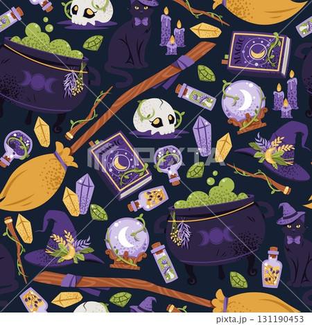 Witchcraft Magic Items Seamless Pattern with Cauldron, Hat, Broom, Black Cat. Occult Halloween Background for Gift Wrap, Textile, Wallpaper Design and Mystic Branding. 131190453