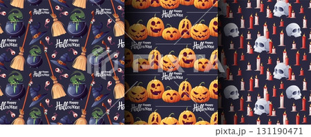 Magic Halloween Seamless Pattern Set with Pumpkin, Skull, Witch Hat, Cauldron, Broom and Candles. Spooky Witchcraft Backgrounds for Holiday Textile, Party Decor and Festive Design Projects 131190471