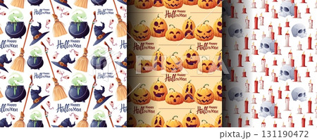 Magic Halloween Seamless Pattern Set with Pumpkin, Skull, Witch Hat, Cauldron, Broom and Candles. Spooky Witchcraft Backgrounds for Holiday Textile, Party Decor and Festive Design Projects 131190472