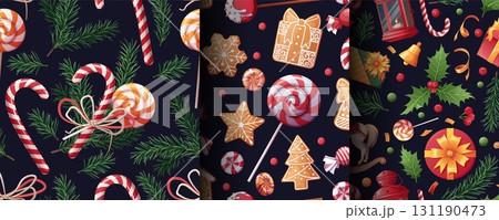 Festive Christmas Seamless Pattern with Gingerbread, Holly, Fir Branches, Candy Cane, Lantern and Gifts. Holiday Background for Gift Wrap, Textile Design, Wallpaper and Cozy Seasonal Decor 131190473