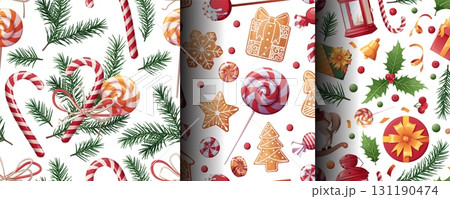 Festive Christmas Seamless Pattern with Gingerbread, Holly, Fir Branches, Candy Cane, Lantern and Gifts. Holiday Background for Gift Wrap, Textile Design, Wallpaper and Cozy Seasonal Decor Festive Christmas Seamless Pattern with Gingerbread, Holly, Fir Branches, Candy Cane, Lantern and Gifts. Holiday Background for Gift Wrap, Textile Design, Wallpaper and Cozy Seasonal Decor 131190474