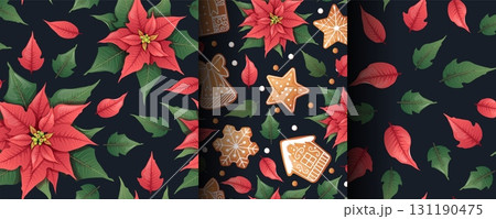 Festive Christmas Seamless Pattern with Red Poinsettia and Iced Gingerbread Cookies. Holiday Background for Gift Packaging, Textile Design, Wallpaper and Seasonal Decor Festive Christmas Seamless Pattern with Red Poinsettia and Iced Gingerbread Cookies. Holiday Background for Gift Packaging, Textile Design, Wallpaper and Seasonal Decor 131190475