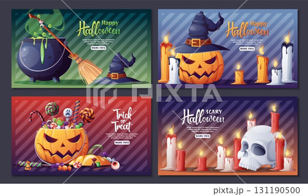 Spooky Halloween Banner Set with Jack-o-Lantern Pumpkin,Sweets, Skull with Candles and Witch Cauldron. Perfect for Website Headers, Social Media Ads and Halloween Promotions 131190500
