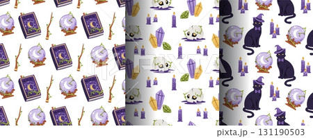 Mystic Halloween Seamless Pattern Set with Witchcraft Elements. Black Cat, Spellbook, Crystal Ball, Skull and Magic Crystals. Flat Design Occult Backgrounds for Textile, Gift Wrap, Party Decor 131190503