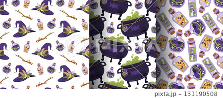 Mystic Halloween Seamless Pattern Set with Witchcraft Elements. Cauldron, Potions, Witch Hat and Magic Accessories. Flat Design Occult Backgrounds for Textile, Gift Wrap, Party Decor. 131190508