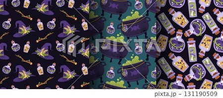 Mystic Halloween Seamless Pattern Set with Witchcraft Elements. Cauldron, Potions, Witch Hat and Magic Accessories. Flat Design Occult Backgrounds for Textile, Gift Wrap, Party Decor. Mystic Halloween Seamless Pattern Set with Witchcraft Elements. Cauldron, Potions, Witch Hat and Magic Accessories. Flat Design Occult Backgrounds for Textile, Gift Wrap, Party Decor. 131190509