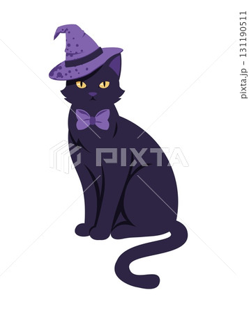 Black Cat in Witch Hat Flat Vector Illustration Isolated on White Background. Halloween Mystical Animal for Decoration, Stickers, Logo Design, Spooky Party Supplies and Magic Themed Projects 131190511