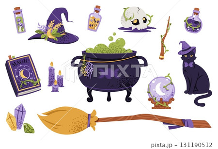 Witchcraft Magic Elements Flat Illustration Set. Cauldron, Hat, Spellbook, Crystal Ball, Broom and Black Cat. Isolated on White Background for Stickers, Halloween Poster Design, Print and Digital Use Witchcraft Magic Elements Flat Illustration Set. Cauldron, Hat, Spellbook, Crystal Ball, Broom and Black Cat. Isolated on White Background for Stickers, Halloween Poster Design, Print and Digital Use 131190512