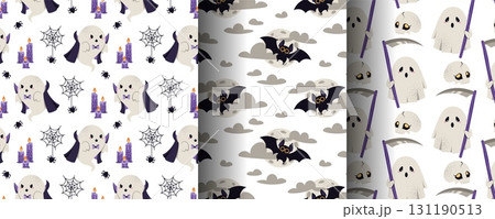 Cute Halloween Seamless Pattern Set with Vampire Ghost, Grim Reaper and Bat. Flat Design Spooky Backgrounds for Textile, Gift Wrap, Party Decor and Festive Design 131190513