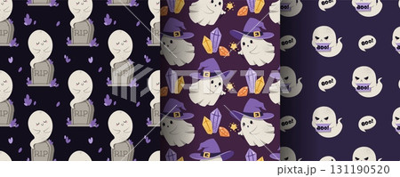 Spooky Halloween Seamless Pattern Set with Cute Ghosts in Witch Hats, Tombstones and Frightful Elements. Flat Design Background for Textile, Gift Wrap, Party Decor and Festive Design 131190520
