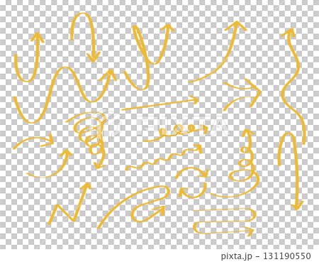 A set of simple arrow illustrations - thick lines, yellow A set of simple arrow illustrations - thick lines, yellow 131190550