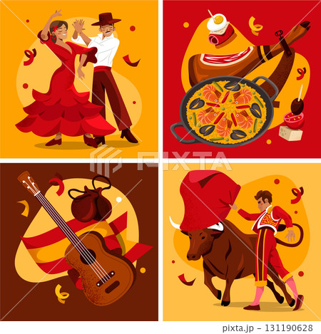 Hand-Drawn Flat Illustrations of Spanish Culture Square Card Set 131190628