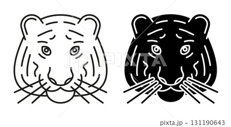 Line icon. Closeup view of head of a circus trained tiger. Simple black and white vector isolated on white background 131190643