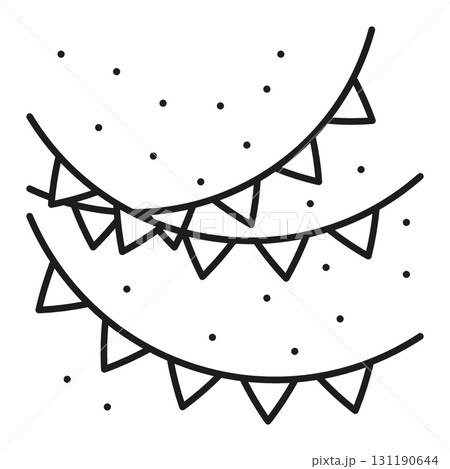 Line icon. Triangular flags hanging in a garland on strings among falling festive confetti. Simple black and white vector isolated on white background Line icon. Triangular flags hanging in a garland on strings among falling festive confetti. Simple black and white vector isolated on white background 131190644