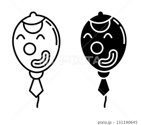 Linear icon. Flying hot air balloon decorated to look like a circus clown with a tie and cap. Simple black and white vector isolated on white background Linear icon. Flying hot air balloon decorated to look like a circus clown with a tie and cap. Simple black and white vector isolated on white background 131190645