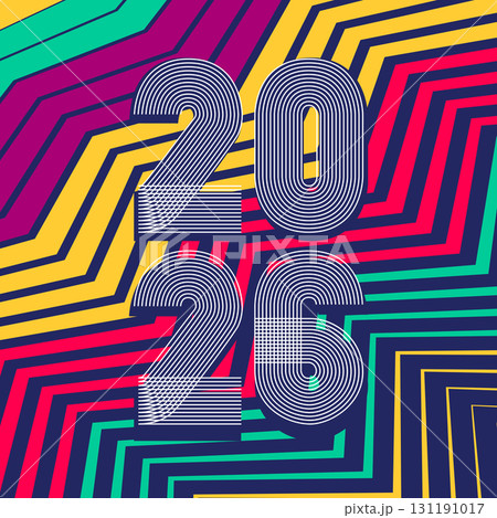 Retro cover background with vertical 2026 number on colorful geometric zigzag striped lines background. Graphic design vector illustration for Happy New Year Christmas Banner Greeting Card Invitation 131191017