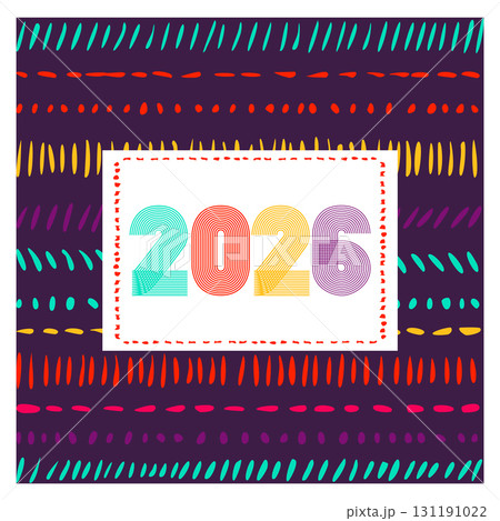 Retro cover with horizontal colorful 2026 number on purple geometric ethnic lines background. Graphic design vector illustration for Happy New Year Christmas Banner Greeting Card Invitation Poster Retro cover with horizontal colorful 2026 number on purple geometric ethnic lines background. Graphic design vector illustration for Happy New Year Christmas Banner Greeting Card Invitation Poster 131191022