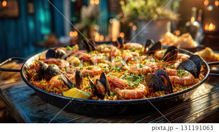 A delicious seafood paella with shrimp and mussels in a large skillet, served outdoors at a summer dinner 131191063