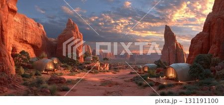 Luxury desert glamping pods nestled among dramatic red rock formations at golden hour sunset with illuminated eco accommodation in stunning wilderness landscape 131191100